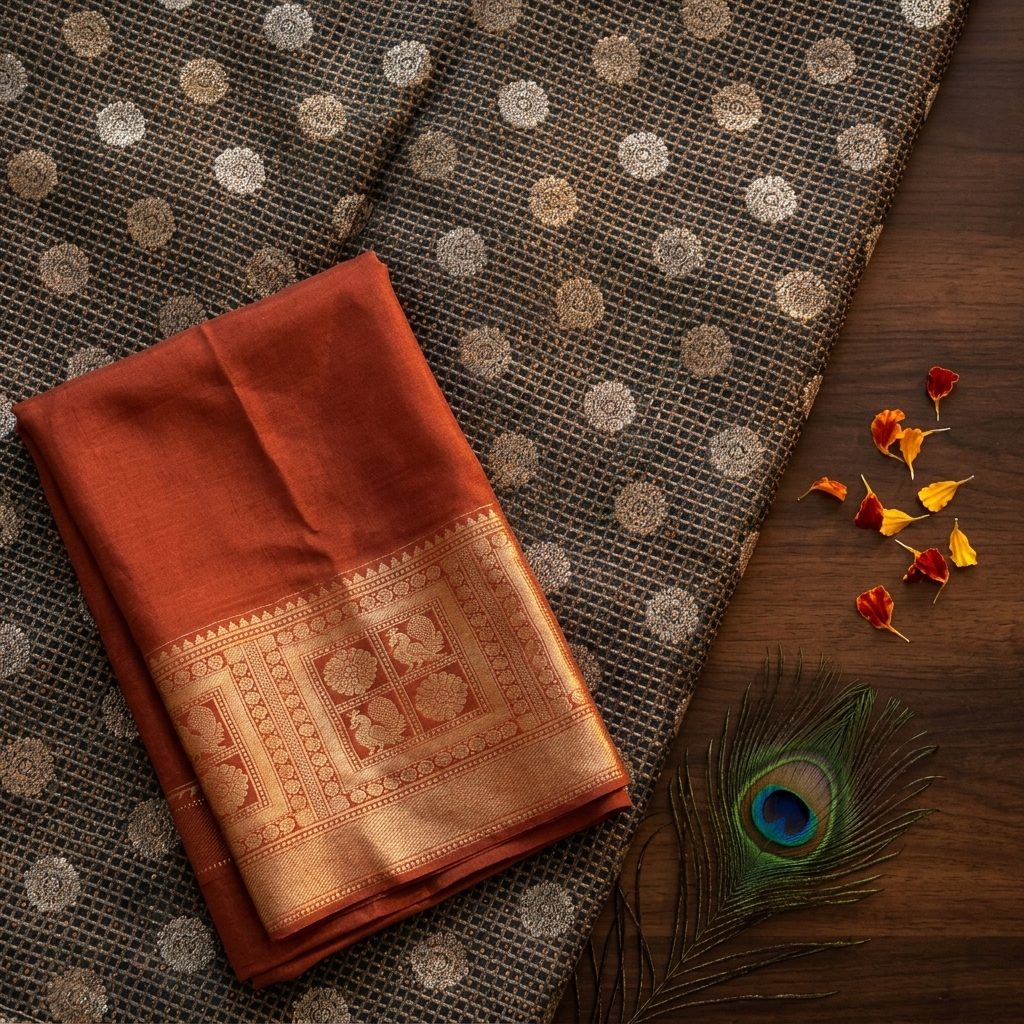 Banarasi Katan Silk with Sona Rupa Chowkadi (gold-silver dual checks and buttis)