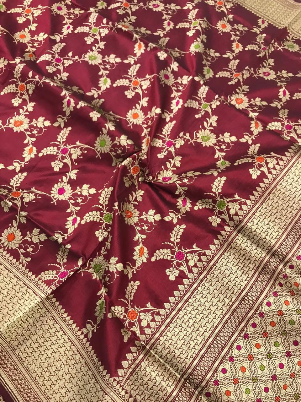 Banarasi Katan Silk Jangla with Meenakari (traditional floral vine jaal weave with multi-color silk inlay)