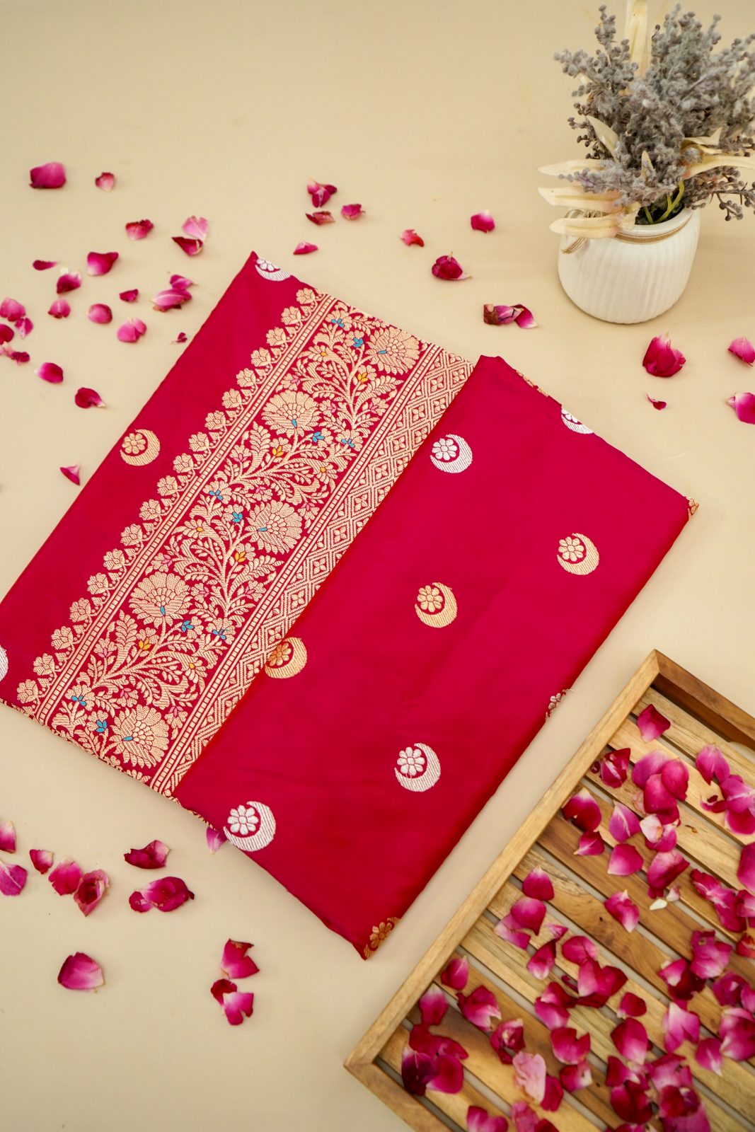 Banarasi Katan Silk Sona Rupa Chand Buta (traditional crescent moon and floral motifs)