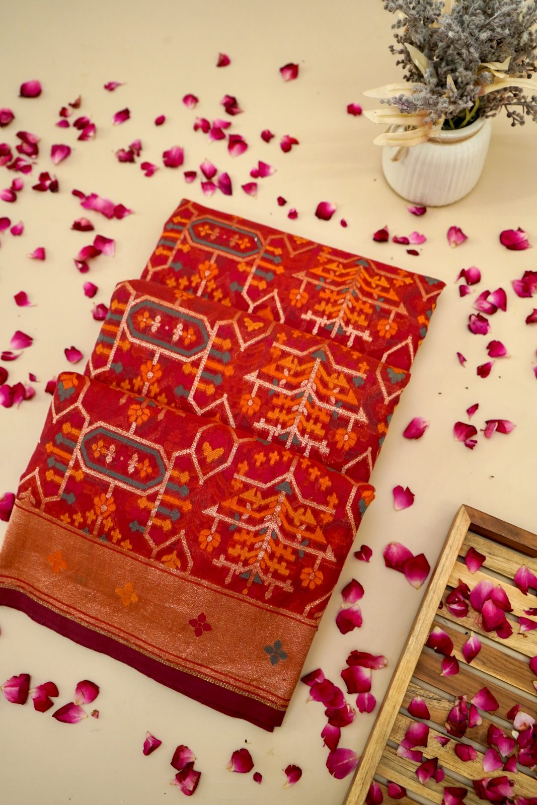 Banarasi Tussar Silk Patola Weave (traditional geometric ikat style pattern)