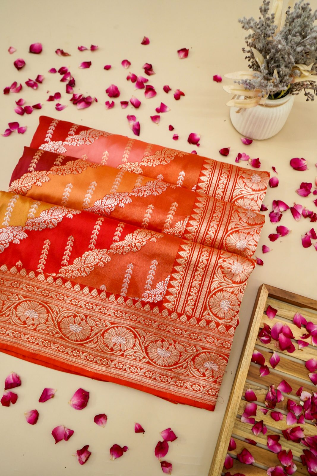 Banarasi Katan Silk Rangkat (traditional hand-woven multi-colored diagonal stripes)