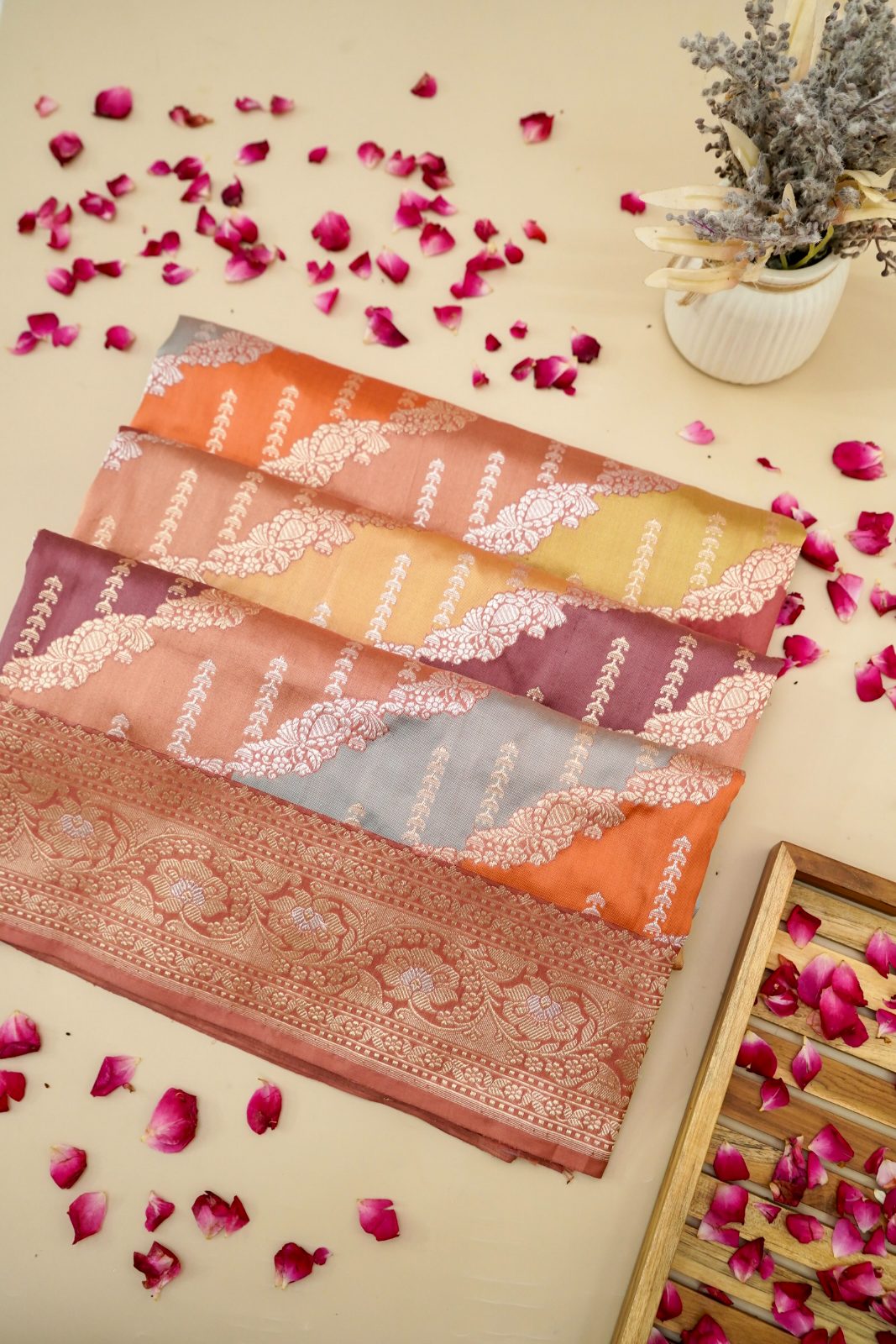 Banarasi Katan Silk Pastel Rangkat (traditional hand-woven multi-colored muted diagonal stripes)