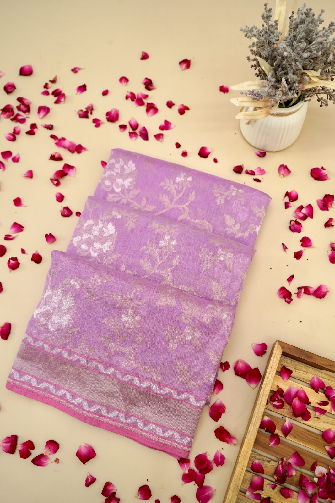 Lavender Banarasi Linen Cotton Saree (hand-woven silver zari floral motifs)