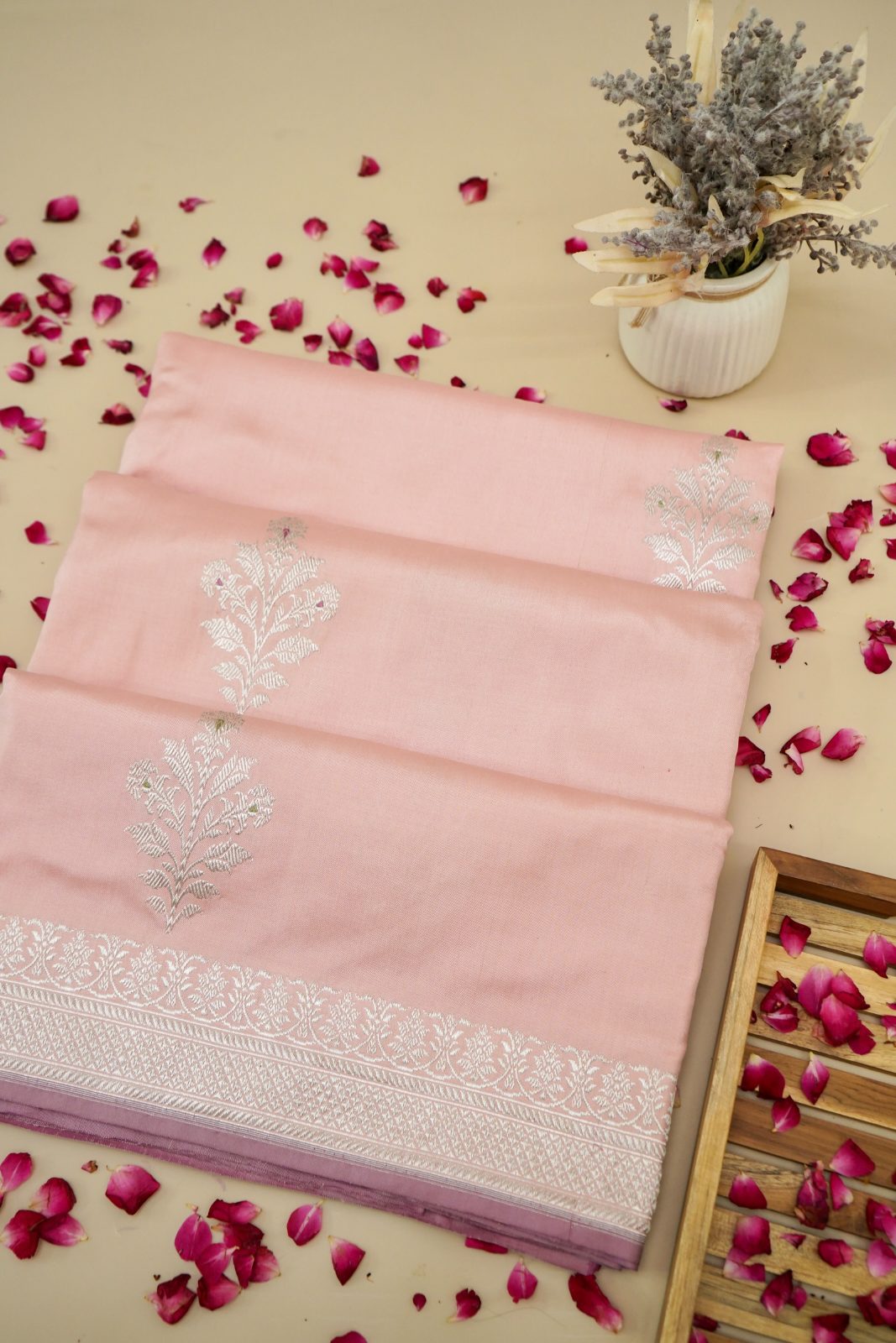 Blush Pink Banarasi Katan Silk Saree (silver zari Meenakari Kalpavriksha motifs)